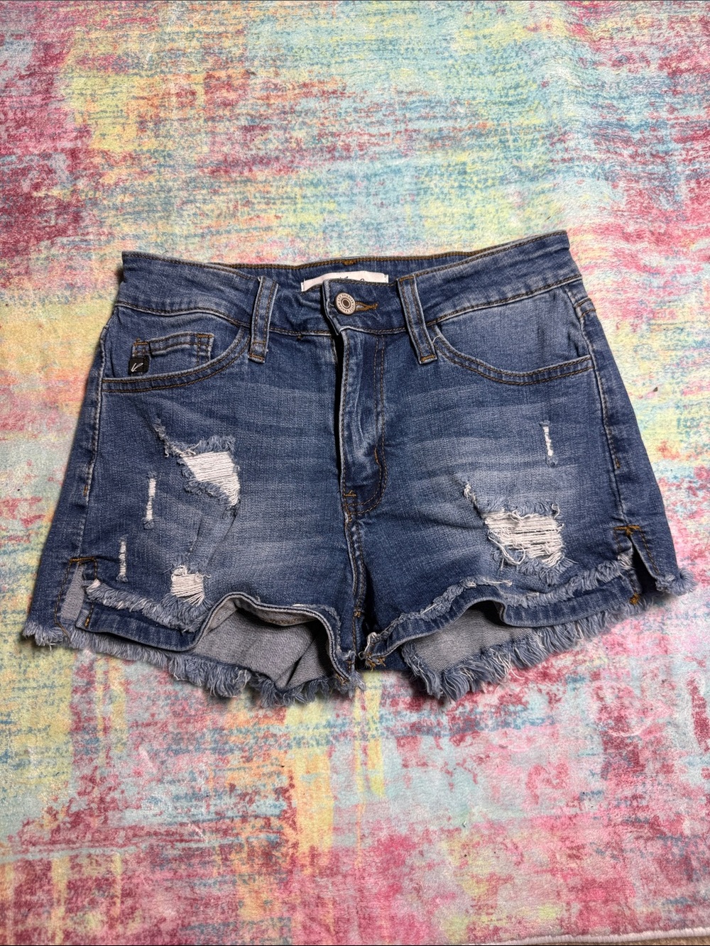 KanCan Distressed Dark Blue Frayed Hem Jean Shorts